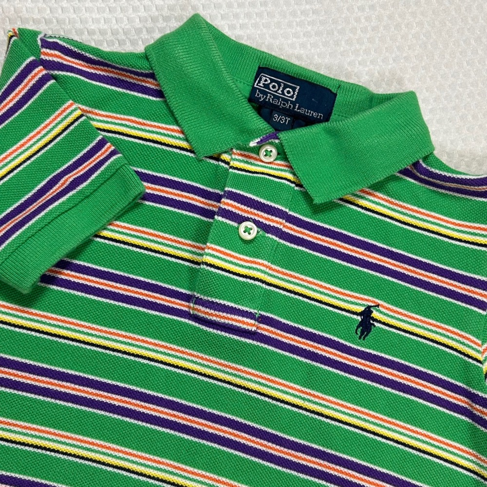 Polo Ralph‎ Lauren Kids Green Multi Color Striped Short Sleeve Polo Shirt 3/3T